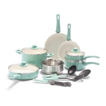 그린라이프쿡웨어 소프트 그립 세라믹 논스틱 냄비프라이팬 세트, 청록색, 16피스 세트 구성 청록