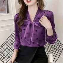 리본 블라우스 타이 스카프 브이넥 프린트 레이스 도트 여성 스위트 루즈핏 오피스 셔츠