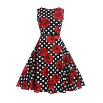 빈티지 복고 땡땡이 레드 장미 원피스 레트로 햅번 드레스