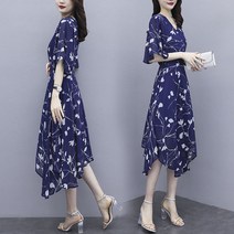 KORELAN 크로스오버 빅사이즈 여성복 뚱뚱한 mm 여름옷 브이넥 반팔 잔꽃 배를 가리고 날씬해 보이는 원피스녀