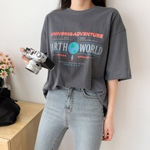 여자 봄 여름 영문 나염 피그먼트 오버핏 반팔 티셔츠
