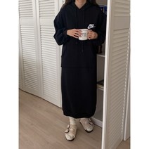 여성 데일리룩 오버핏 쭈리 후드 기모 롱원피스 (2color)