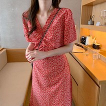Tamina 롱 원피스 브이넥 반팔 티셔츠 폴리에스테르 A라인 스커트