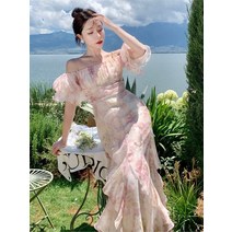 괌원피스 발리 원피스 하와이 동남아여행룩 휴양지룩 휴양지커플룩 동남아여름옷 빈티지 플로랄 프린트 프릴 스티칭 머메이드 드레스 여성용 슬래시 넥 퍼프 슬리브 슬리밍 롱