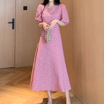 스타일아유 여성 러블리 하트 꽃무늬 플라워 패턴 나염 퍼프 반팔 볼륨 소매 롱 원피스