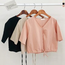 티데일리 페어리 린넨 반팔 블라우스 여성 스트링 여름 브이넥 (3color)