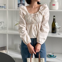 원타임 여성용 스퀘어넥 셔링 밴딩 블라우스