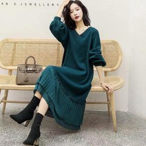 AMlisa 빅사이즈원피스 XXS-8XL 120kg 착용가능 스웨터 니트 원피스 플리츠 롱 긴팔 브이넥 가을 원피스 플리츠원피스