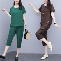 스타일아유 여성 린넨 면마 투피스 반팔 블라우스 팬츠 세트 여름 미시옷