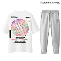슈프림 트레이닝복 상하의 세트 남녀공용 오버핏 5부 반팔티 조거팬츠 커플룩 운동복 써클