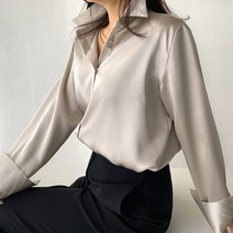 네모엔룩 여성용 싱글새틴 버튼 실켓 공단 셔츠 롱 슬리브 블라우스 NL