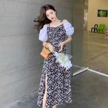 데일리 롱 원피스 여름 프렌치 도지 일자 어수리 슬릿포소매 플워 스랩 단아한