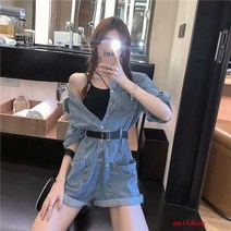 puildaug 프록 데님 점프 수트 여성 여름과 가을 높은 허리 슬리밍 키 짧은 넓은 다리 반바지