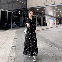 쉬폰 허리 스트링 롱원피스 봄옷 긴팔 원피스 여 도트 롱스커트 블랙 브이넥 기질