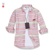 오마보이 남성용 7부 레인보우 줄지 셔츠