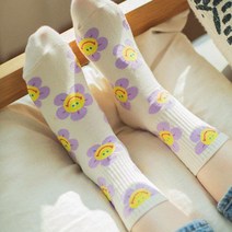 스마일 플라워 패션양말 여자 여성 골지 중목 면 귀여운 포인트 흰양말