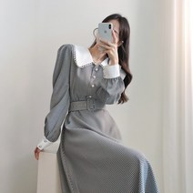 요시아나 [당일발송] 레트로풍 에르미온 화이트 배색 카라넥 체크 롱원피스(벨트포함)
