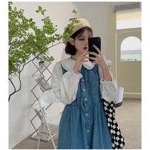 청멜빵원피스 빅사이즈 여성의류 가을 프렌치 플랫카라 시크 와이셔츠 뚱뚱한 슬림핏 데님 원피스코디세트 2524670456