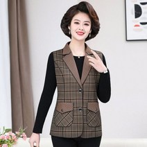 여성 봄 옷 체크 조끼 얇은 싱글 겉옷 50 세 중년 및 노인 천 내복