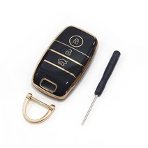 기아 자동차 3버튼 차키 스마트키 케이스 커버 +D링 키홀더 키링 TPU 모닝 레이 봉고3 EV 전기차, 골드-블랙