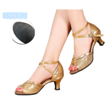 라틴댄스화 발등 트임 체크무늬 스포츠 댄스 구두 반짝이 스트랩 골드 실버 탱고화 째즈화, 255, 골드 5.5CM