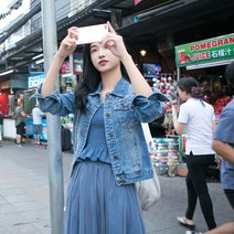 DAPANDA 소가 데님 핑크 소녀심 캐릭터 오버핏 빅 사이즈 데님 코트 여춘추 긴팔 얇은 자켓 여름 유행