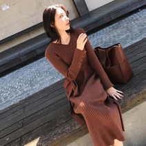 브이넥 소프트 여리여리 골지 롱 니트 원피스 허리끈 WzP 겨울 데일리 봄 3 0대 4 코디 어린이집등원룩