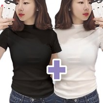 일월전빵 1+1 여성 데일리 슬림핏 반폴라 반팔 티셔츠 이너티 반팔티 사계절 기본티 B-C041