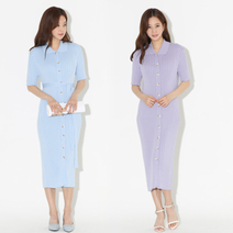 단아한 스타일 앞단추 카라 니트 롱 원피스 허리끈 데일리룩 편안한 핏 5칼라