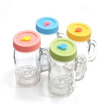 드링크자 뚜껑 머그컵 4개 세트 핸들 글라스 텀블러 아이스드링크용 손잡이 빨대 유리머그 다용도 머그잔