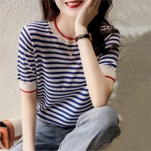 셀러허브 여성패션 [오노마] ONM S37766 시원한 줄무늬 니트반팔티 여름니트티 마린룩
