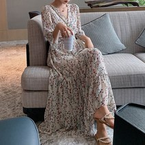 데일로엔 여성 프릴 쉬폰 반팔 롱 원피스