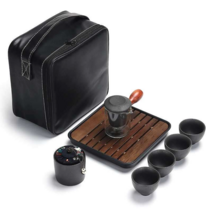 주전자 티팟 다판 다기 화사다도세트 찻잔 고급 차판, 도자기 화이트+블랙 나무 트레이 세트+가방