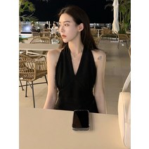 여성 나시 홀터넥 원피스 롱원피스 휴양지 바캉스 여름휴가 여행 데이트 룩, 블랙