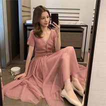 제이블리 브이넥 쿨 니트 메쉬 롱 원피스