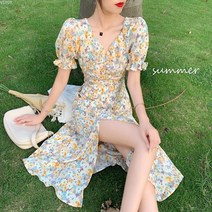 ANYOU 여름 슬림해 보임 반팔원피스 브이넥 퍼프소매 플라워 원피스 쉬폰 롱원피스 데일리 헵번 스타일 여성복