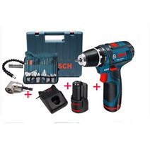 보쉬충전드릴GSR10.8-2-li본체1개와배터리2개+충전기+공용케이스+악세사리100P+플렉시블아답타300+코너드릴