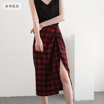 체크스커트 봄여름 빈티지 레드 트임 언발 미디 랩 스커트 뉴타임즈 A13 Q855T632