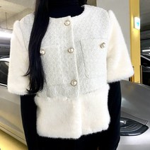 치크(Cheek) 진주 버튼 밍크 페이크 퍼 트리밍 라운드 반팔 트위드 자켓