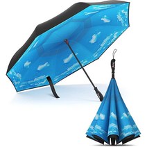 Repel Umbrella 반전 우산 - 거꾸로 반전 양면 방풍 디자인 - 테프론 캐노피 - 유리 섬유 우산살이 있는 방풍 우산 Blue Sky 모던.