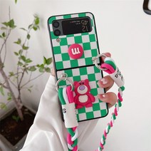 Samsung zflip 3 휴대 전화 녹색 바둑판 입체 딸기 곰 케이스