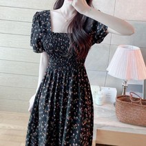 쉬폰 스퀘어넥 주름 셔링 플레어 반팔 원피스 드레스 꽃무늬 롱