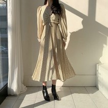 넷투넷코리아 여성 롱 원피스 밴딩 브이넥 플라워패턴 쉬폰 플리츠