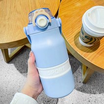 POPSONIC 대용량 텀블러 스포츠 빨대컵 스테인리스 원터치 텀블러 손잡이 보온보냉 병, 라이트블루, 950ml