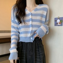 제이에프앤씨 줄무늬 단추 하프 크롭 가디건