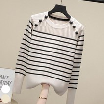 0 velys 여성용 깔끔한 캐주얼룩 스트라이프 버튼 니트 티셔츠 CST1321 긴팔티