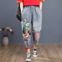 미스손 여성 캐릭터 자수 9부 밴딩 배기 청바지