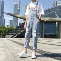 남성 찢청 일자핏 멜빵바지 데님 점프슈트 남성 9부청바지