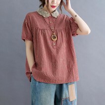 40대 미시 깅엄 고방 체크 펀칭 레이스 자수 둥근카라 A라인 블라우스