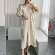 여자 셔링 오프숄더 플레어 A라인 벌룬 반팔 롱원피스